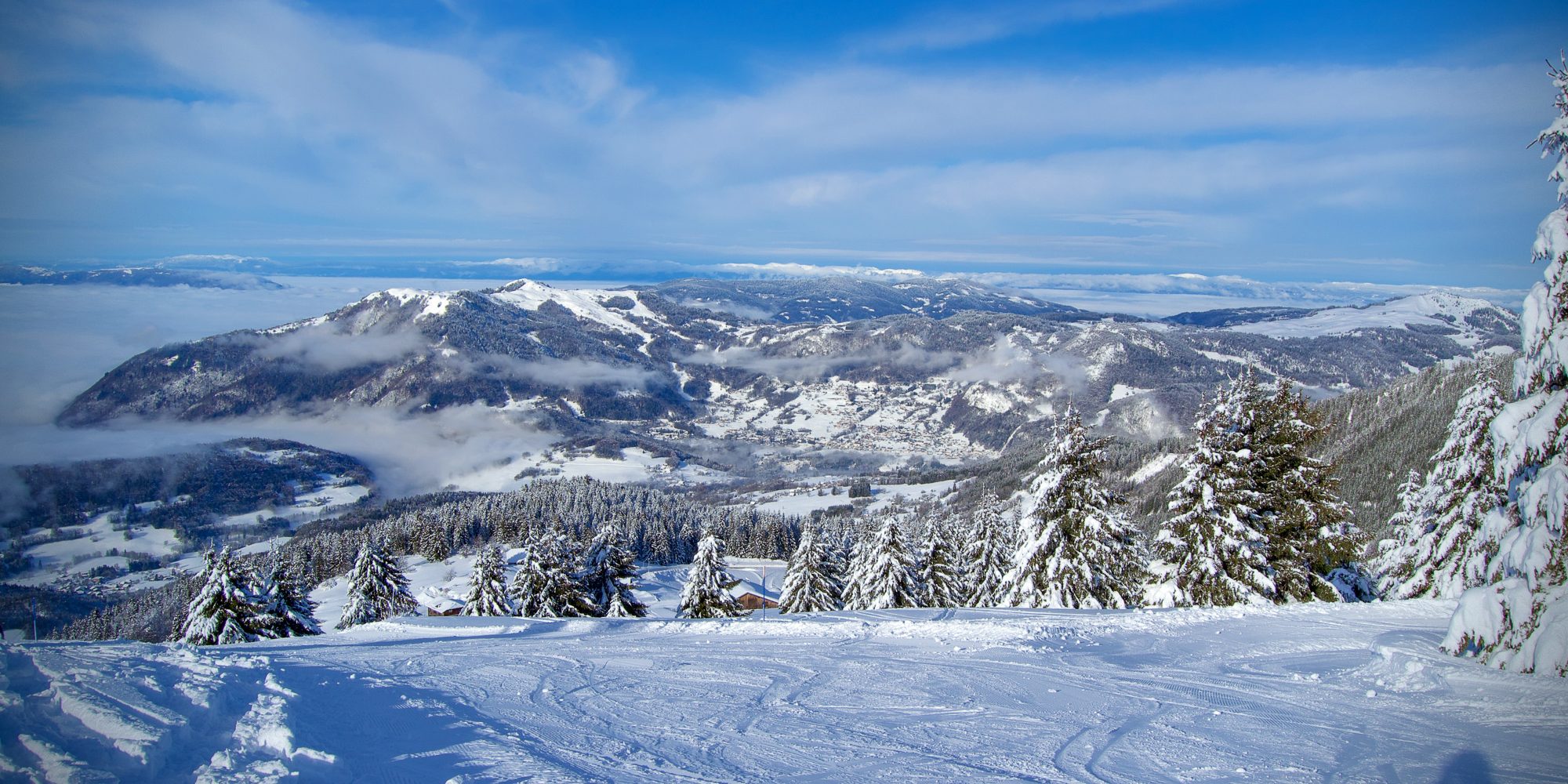 Views over Praz de Lys - snow capped mountains and snowy trees.jpg